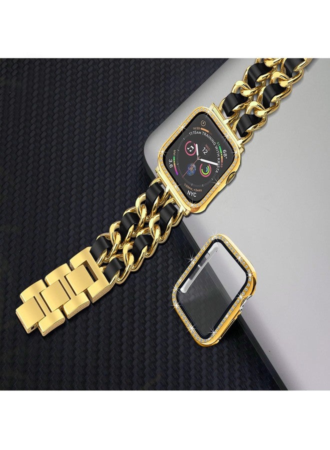 Mosonio Compatible for Apple Watch Band 46mm with Screen Protector Case Women, Jewelry Metal Chain with 2P Bling Case Cover for iWatch Series 11 10(Gold Link with Black Leather) - Image 5
