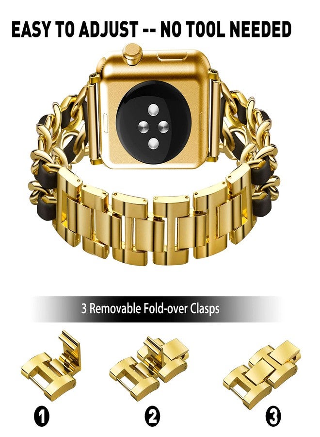 Mosonio Compatible for Apple Watch Band 46mm with Screen Protector Case Women, Jewelry Metal Chain with 2P Bling Case Cover for iWatch Series 11 10(Gold Link with Black Leather) - Image 3