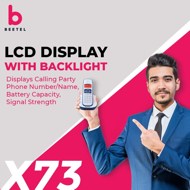 Beetel هاتف أرضي لاسلكي X73N بتردد 2.4 جيجاهرتز مع شاشة عرض معرف المتصل، هاتف مكبر صوت ثنائي الاتجاه مع عناصر تحكم في الصوت، إجابة تلقائية، وظيفة إنذار، تصميم أنيق (أزرق/أبيض)(X73N) - Image 2