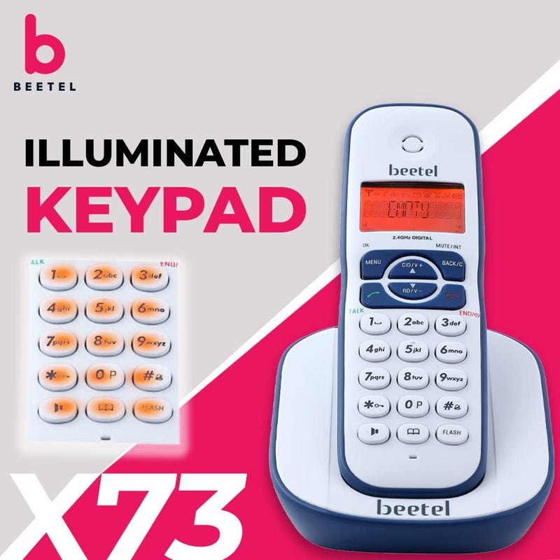 Beetel هاتف أرضي لاسلكي X73N بتردد 2.4 جيجاهرتز مع شاشة عرض معرف المتصل، هاتف مكبر صوت ثنائي الاتجاه مع عناصر تحكم في الصوت، إجابة تلقائية، وظيفة إنذار، تصميم أنيق (أزرق/أبيض)(X73N) - Image 3
