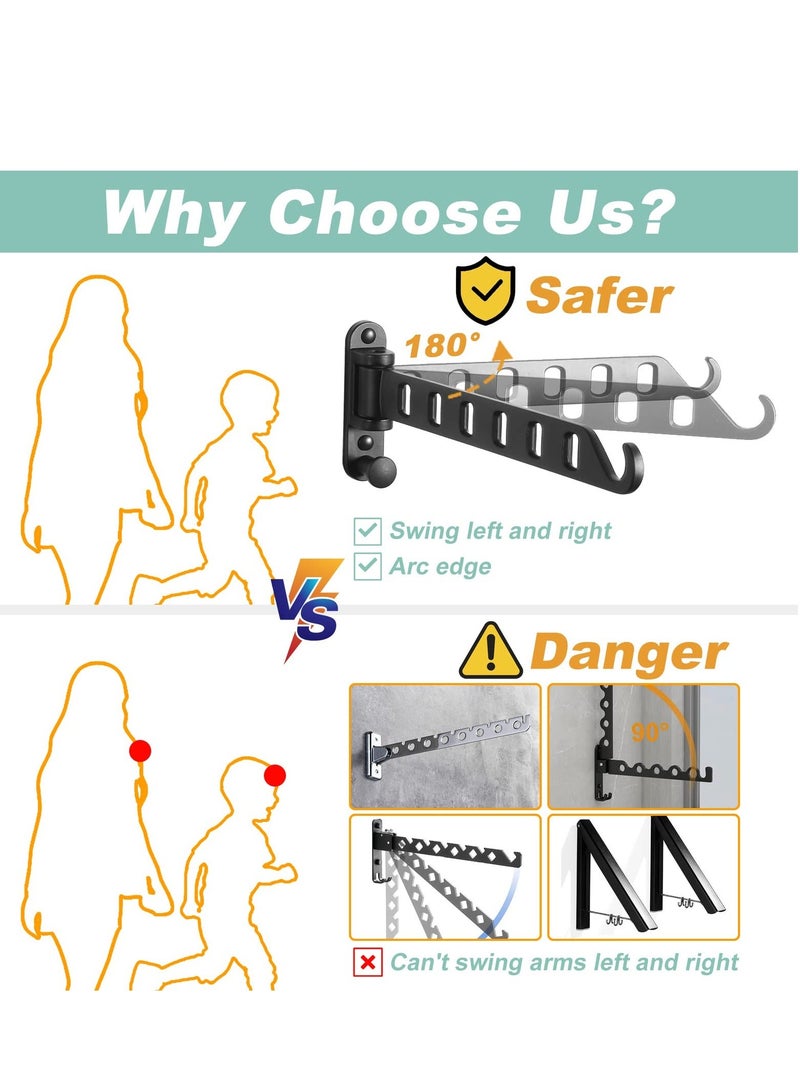 Wall Mounted Clothes Hanger with Swing Arm, Laundry Room Dryer Rack, Folding Valet Hook, Sturdy Hanging, Foldable 180°Rotation, Solid Aluminum (2-Pack, Black) - Image 3