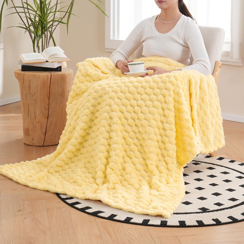 Vessia Flannel Fleece Throw Blanket  3D Jacquard Light Yellow Fuzzy And Warm Blanket For Couch  Sofa  Bed  300Gsm Super Soft Touch Cozy Home Decor For All Seasons (50X70 Inches) - Image 3