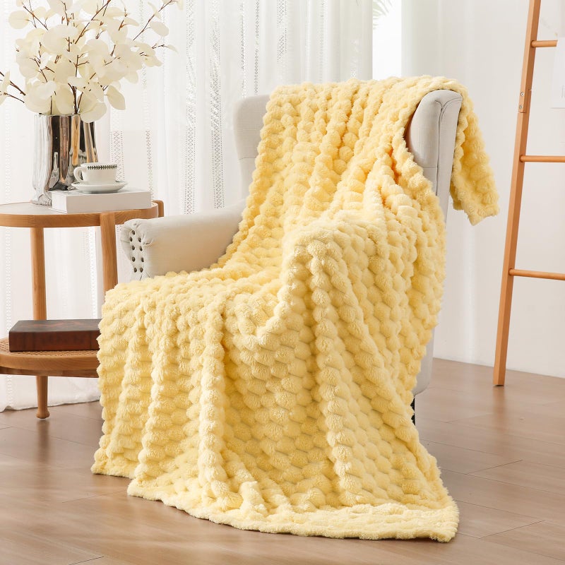 Vessia Flannel Fleece Throw Blanket  3D Jacquard Light Yellow Fuzzy And Warm Blanket For Couch  Sofa  Bed  300Gsm Super Soft Touch Cozy Home Decor For All Seasons (50X70 Inches) - Image 2