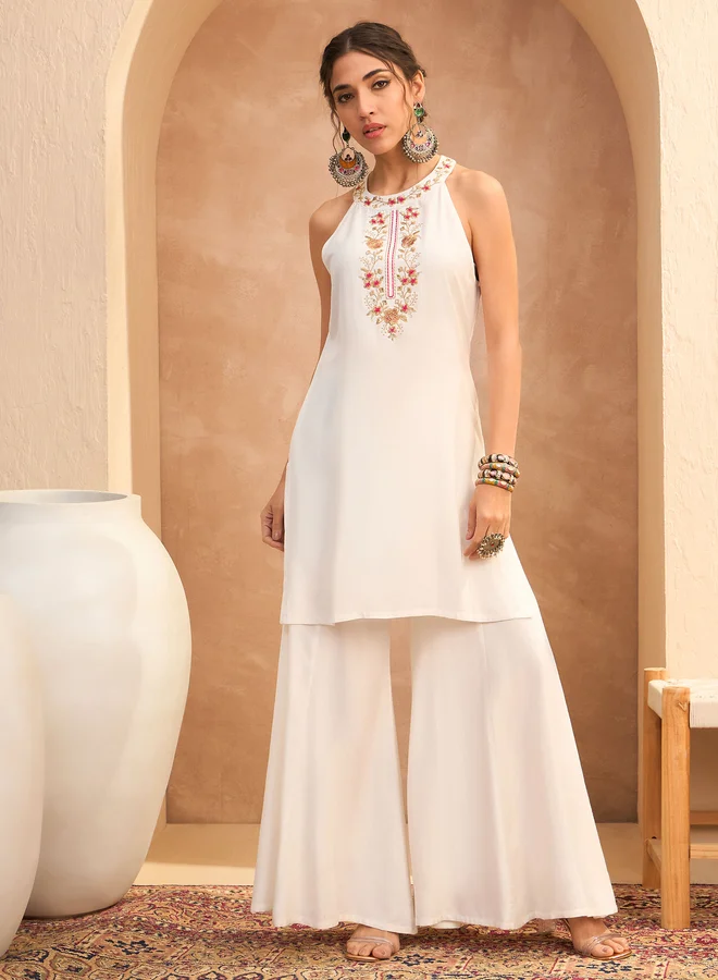 SASSAFRAS Sassafras White Embroidered Halter Kurta and Palazzo Pants Set