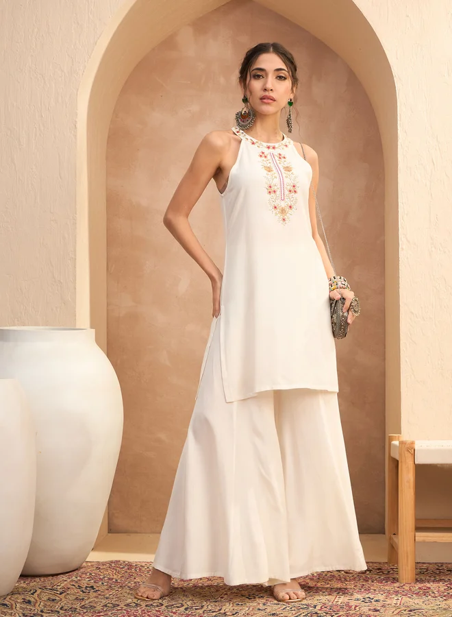 SASSAFRAS Sassafras White Embroidered Halter Kurta and Palazzo Pants Set