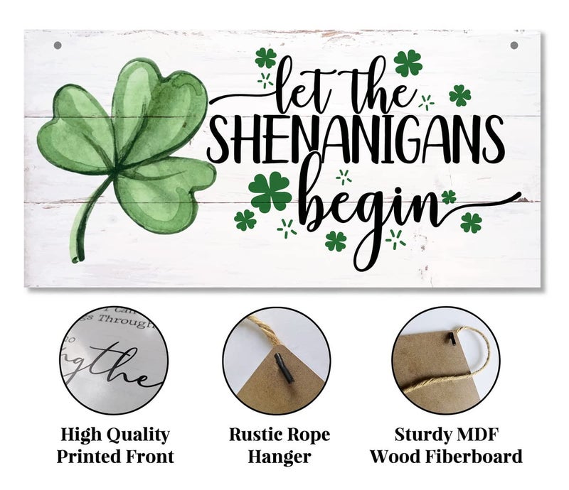 Gkwa Hanging St. Patrick's Day Wooden Decor - 'Let the Shenanigans Begin' Wall Art, Home & Door Sign, Shamrock Theme - Image 5