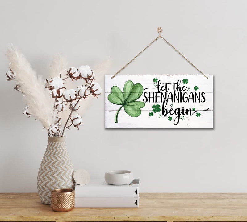 Gkwa Hanging St. Patrick's Day Wooden Decor - 'Let the Shenanigans Begin' Wall Art, Home & Door Sign, Shamrock Theme - Image 2