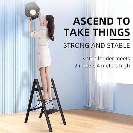 Kiesh 3 Step Ladder Folding Step Stool with Wide AntiSlip Pedal Aluminum Portable Lightweight Ladder for Home Kitchen and Office Use 200kg Capacity Black - Image 3