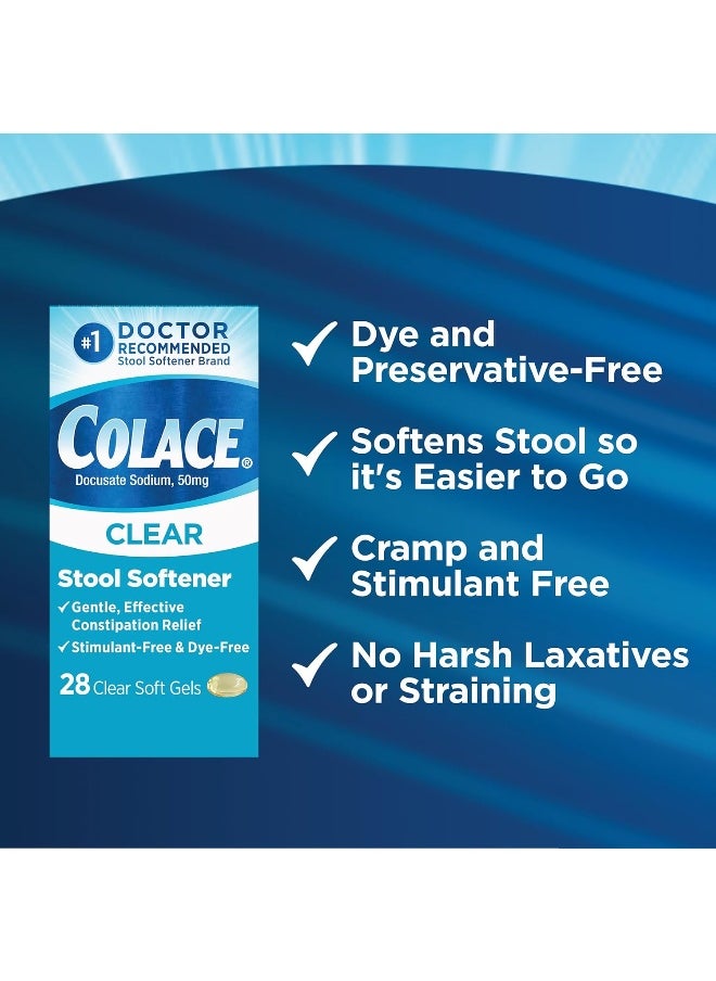 Colace Clear Stool Softener 50mg Soft Gels 28 Count Docusate Sodium Stool Softener for Gentle Dependable Relief Doctor Recommended