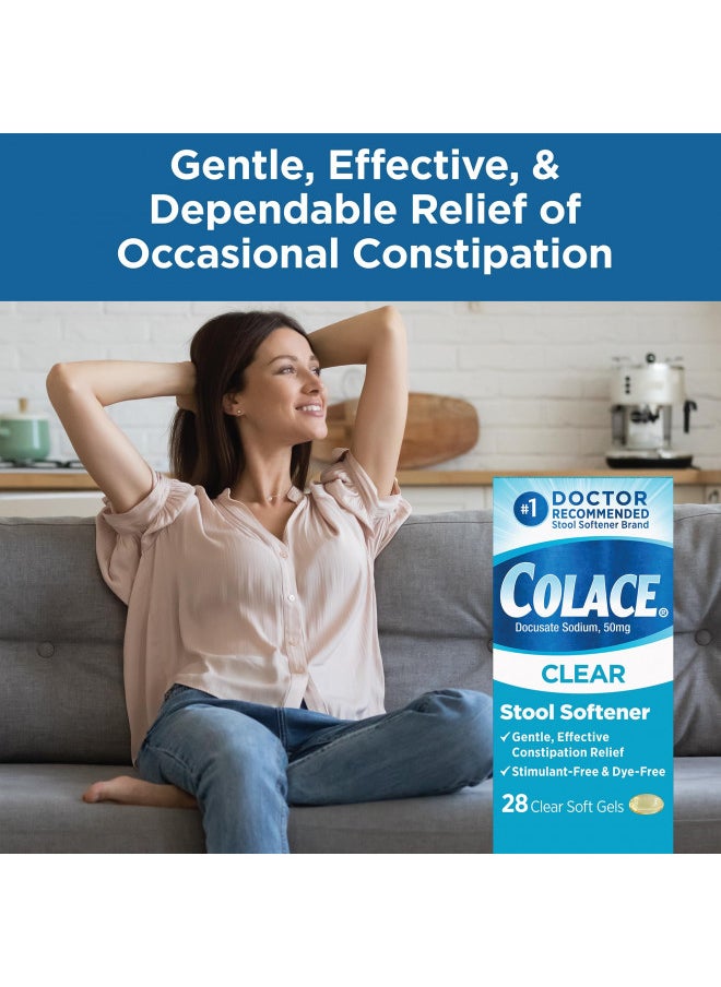 Colace Clear Stool Softener 50mg Soft Gels 28 Count Docusate Sodium Stool Softener for Gentle Dependable Relief Doctor Recommended