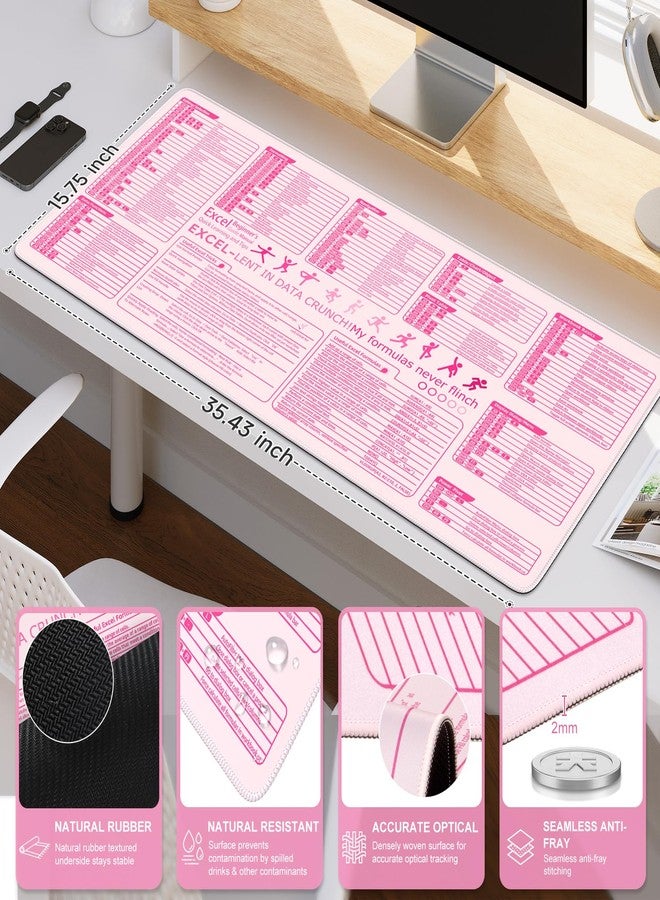 iCasso Pink Excel Cheat Sheet Desk Mat with Excel for Dummies,Excel Shortcuts Mousepad, Extended Large XXL Non-Slip Exel Mousepad with Stitched Edges,Computer Mats for Desktop Protector - Image 2