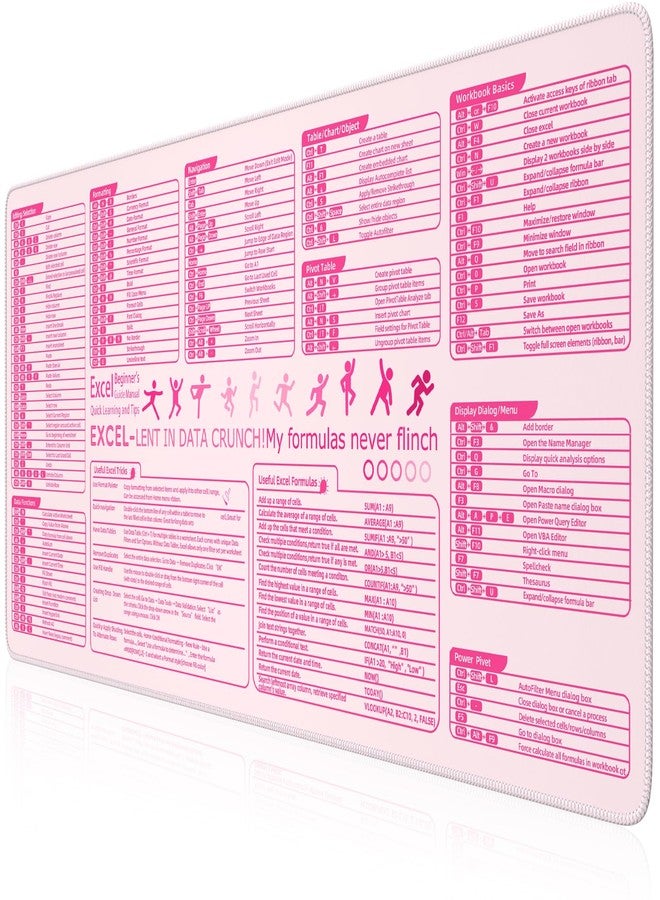 iCasso Pink Excel Cheat Sheet Desk Mat with Excel for Dummies,Excel Shortcuts Mousepad, Extended Large XXL Non-Slip Exel Mousepad with Stitched Edges,Computer Mats for Desktop Protector - Image 1