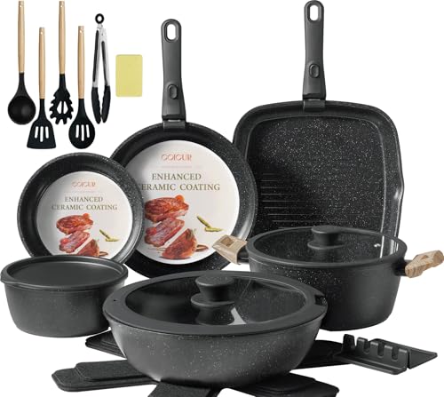 Coicur 23Pcs Ceramic Cookware Set Non Stick Pots and Pans Set Non Toxic with Detachable Handle Induction Kitchen Cookware Set Space Saving Oven Dishwasher Safe Black - Image 1