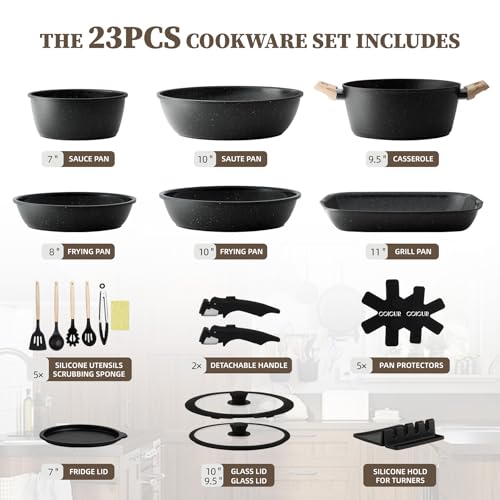 Coicur 23Pcs Ceramic Cookware Set Non Stick Pots and Pans Set Non Toxic with Detachable Handle Induction Kitchen Cookware Set Space Saving Oven Dishwasher Safe Black - Image 3