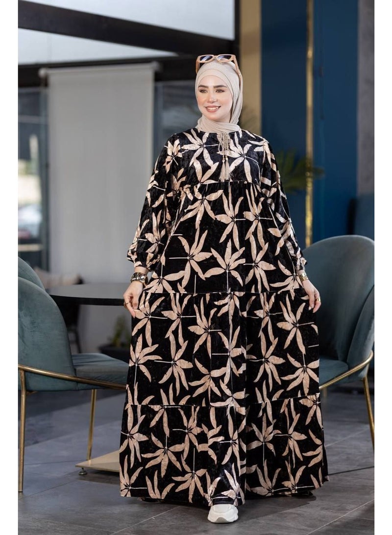 دريس نسائي قطيفة مشجر أنيق – تصميم محتشم ومريح بخامة بسكوته فاخرة – إطلالة شتوية أنثوية تناسب الخروج اليومي والمناسبات - Image 4