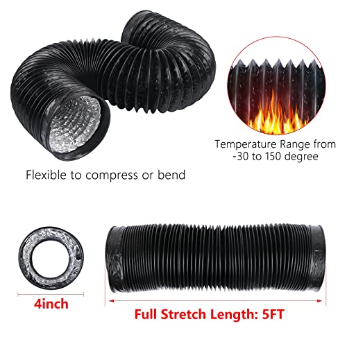 Teqooza 4 Inch 5 Feet Air Ducting, Flexible 1.5m Length Aluminum Dryer Vent Hose Kit for HVAC Ventilation with 2 Clamps, Black - Image 2