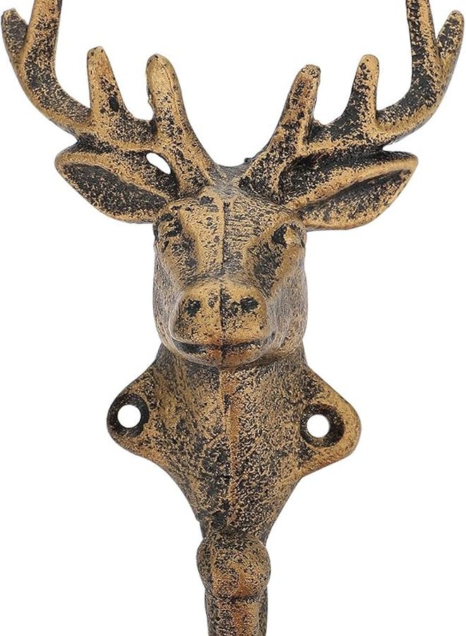 خطاف حائط برأس غزال من الحديد الزهر، علاقة معاطف عتيقة، تشطيب ذهبي ريفي، ديكور مدخل وغرفة المعيشة - Image 1