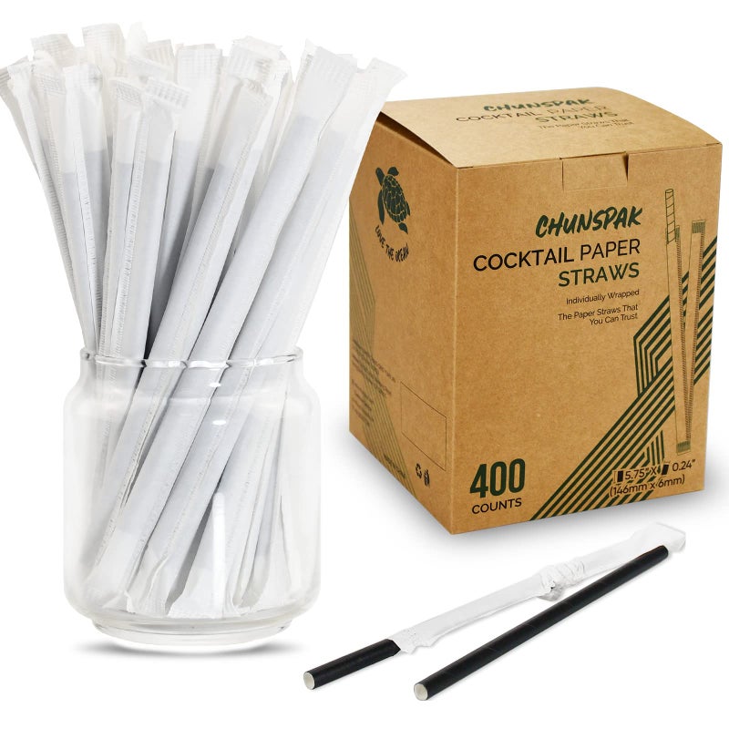 400 Pack Chunspak 575 inch Disposable Black Paper Cocktail Straws Paper Bar Stirrers  Individually Wrapped