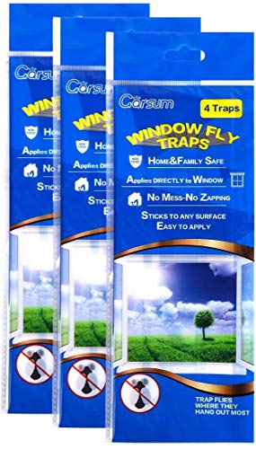 Garsum Window Fly Traps Indoor, Fly Paper Bug Sticky Strips, House Fly Killer Window Decal Non-Toxic,4 Pcs per Pack Total 12 Pieces - Image 1