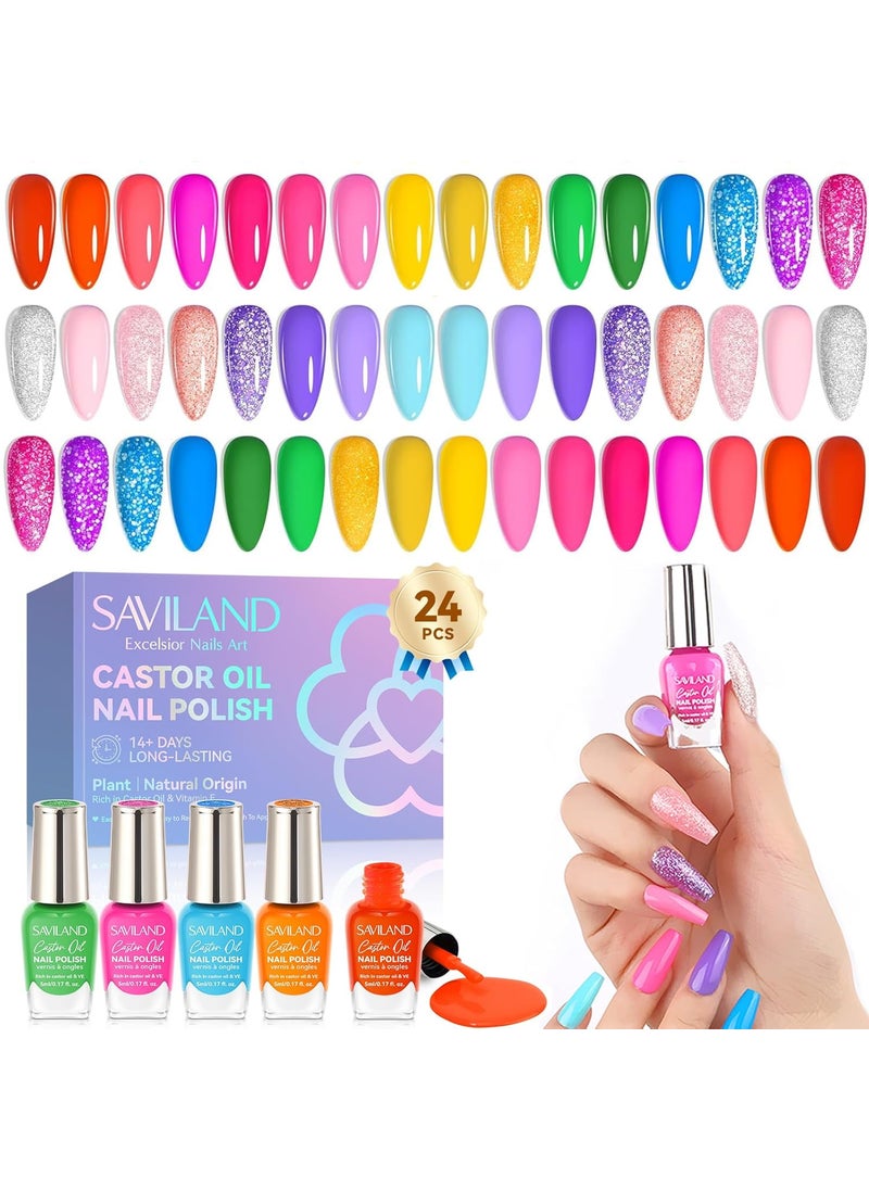 Saviland SAVILAND Nail Polish Set Quick-Dry: 24 Trendy Color Regular Nail Polish Kit Neon Glitter Finger Bulk Nail Polish Non Gel Plant-base Castor Oil Vitamin E Toe Nail Lacquer Home Set Women 