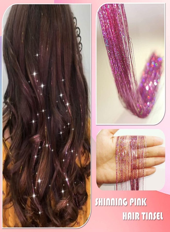 AHS 40 Inch Hair Tinsel Strands for Women & Girls | Shiny Glitter Extensions Sparkling Highlight Hair Accessories | Party, Festival & Salon Use | 100 Strands Pink Highlighter - Image 3