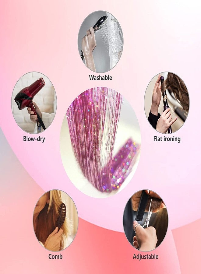 AHS 40 Inch Hair Tinsel Strands for Women & Girls | Shiny Glitter Extensions Sparkling Highlight Hair Accessories | Party, Festival & Salon Use | 100 Strands Pink Highlighter - Image 2