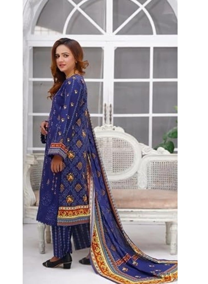 وينشيلز بدلة باكستانية تقليدية من ثلاث قطع - أزرق ملكي بطبعة زهور، وتصميم حافة مطرزة، ووشاح - متوسط - Image 2
