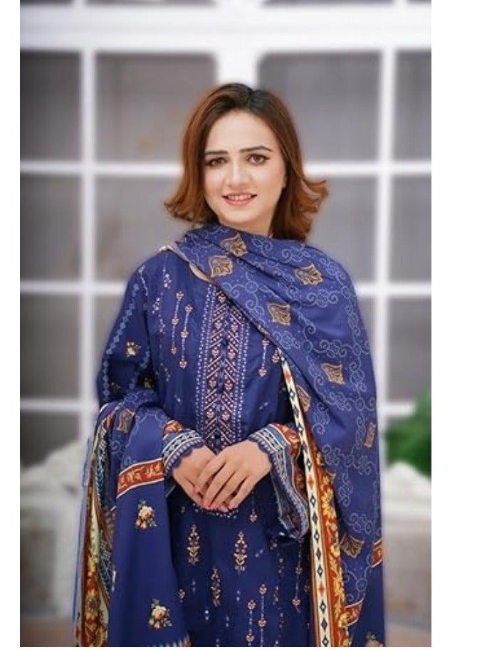 وينشيلز بدلة باكستانية تقليدية من ثلاث قطع - أزرق ملكي بطبعة زهور، وتصميم حافة مطرزة، ووشاح - متوسط - Image 3