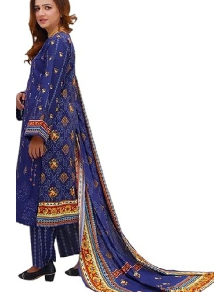 وينشيلز بدلة باكستانية تقليدية من ثلاث قطع - أزرق ملكي بطبعة زهور، وتصميم حافة مطرزة، ووشاح - متوسط - Image 1