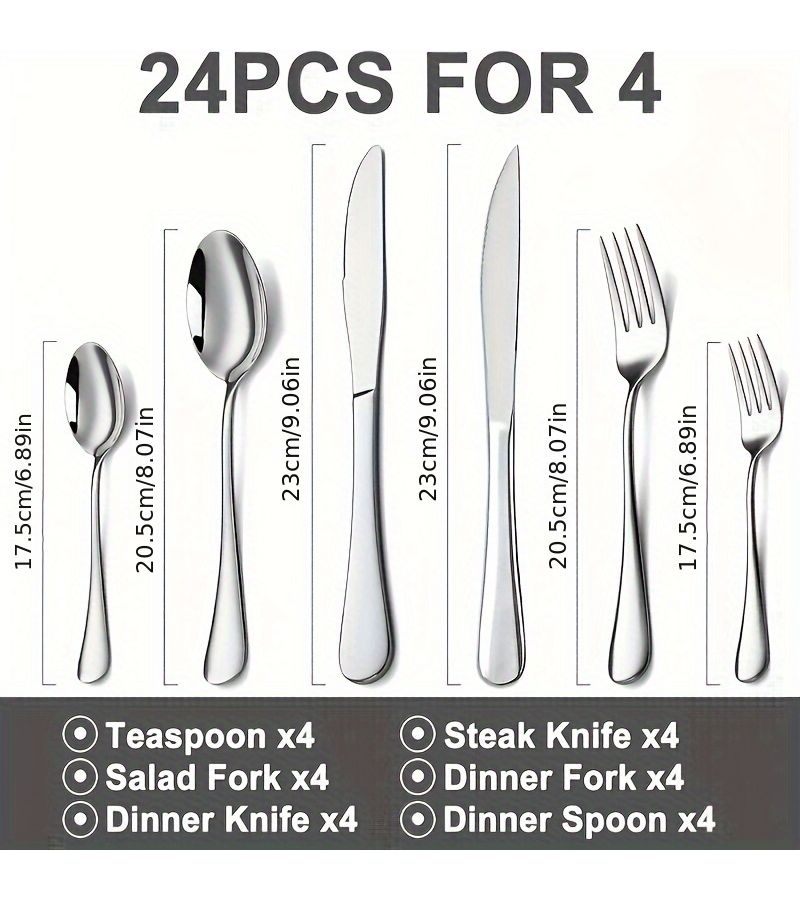 24 Piece Cutlery Set Stainless Steel Knife Steak Knife Dinner Spoon Dinner Fork Dessert Spoon And Fork Mirror Polished Dishwasher Safe Silvery For 4 People Home Party Restaurant - Image 3
