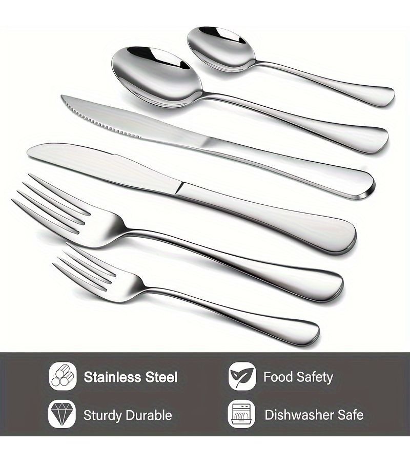 24 Piece Cutlery Set Stainless Steel Knife Steak Knife Dinner Spoon Dinner Fork Dessert Spoon And Fork Mirror Polished Dishwasher Safe Silvery For 4 People Home Party Restaurant - Image 4