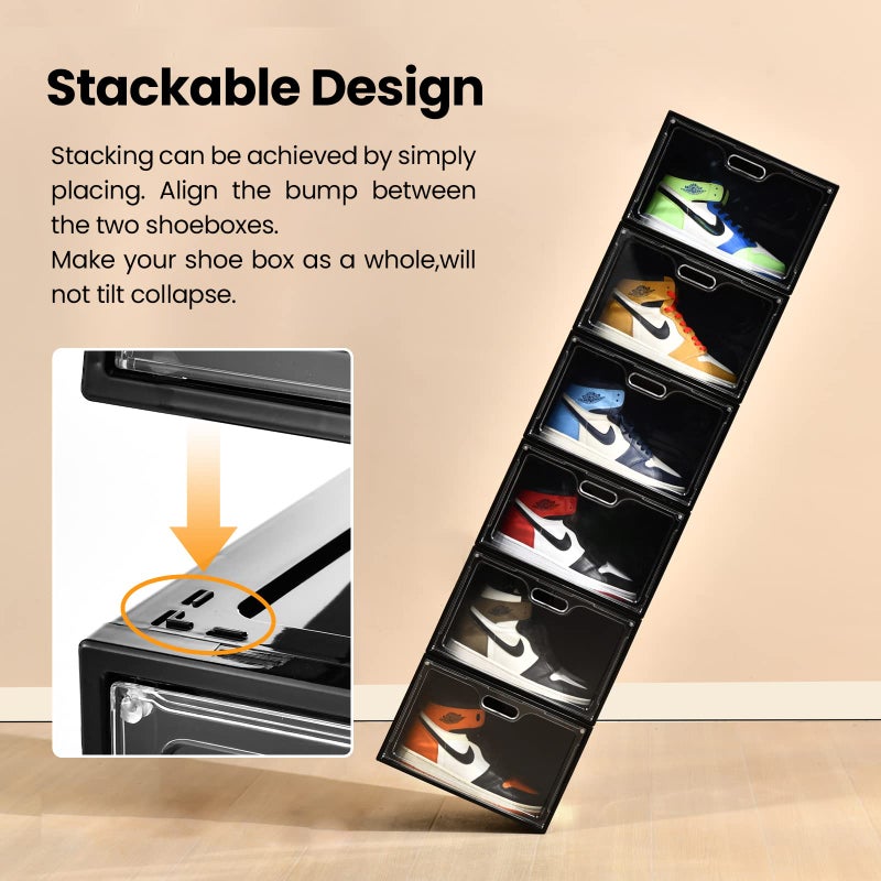 Amllas 8 Pack Shoe Boxes Black Plastic Stackable, Large Shoe Storage Organizer,Drop Side Front Shoe Containers for Entryway,Sneaker Storage Fit up to US Size 13 for Men/Women(13â€™â€™x 10.6â€x 8.3â€) - Image 4