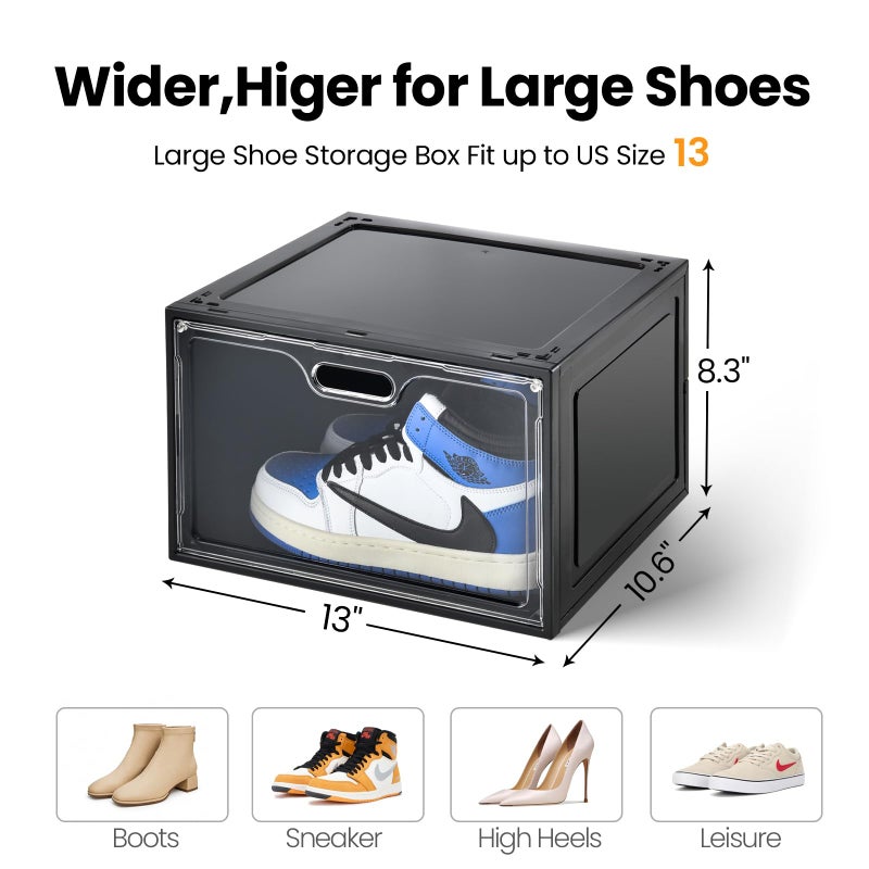 Amllas 8 Pack Shoe Boxes Black Plastic Stackable, Large Shoe Storage Organizer,Drop Side Front Shoe Containers for Entryway,Sneaker Storage Fit up to US Size 13 for Men/Women(13â€™â€™x 10.6â€x 8.3â€) - Image 2