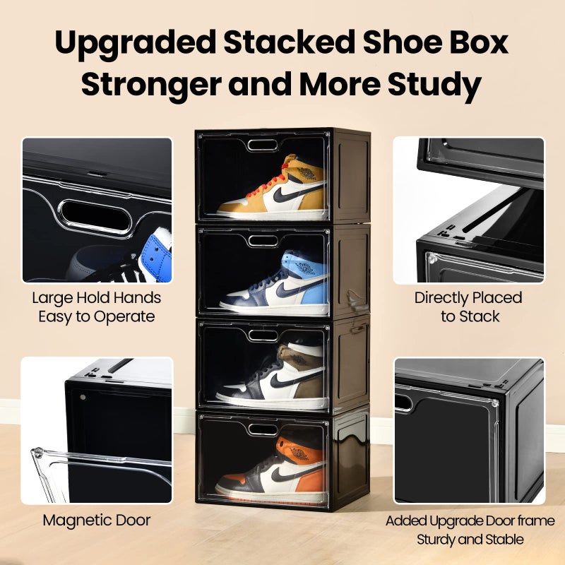 Amllas 8 Pack Shoe Boxes Black Plastic Stackable, Large Shoe Storage Organizer,Drop Side Front Shoe Containers for Entryway,Sneaker Storage Fit up to US Size 13 for Men/Women(13â€™â€™x 10.6â€x 8.3â€) - Image 3