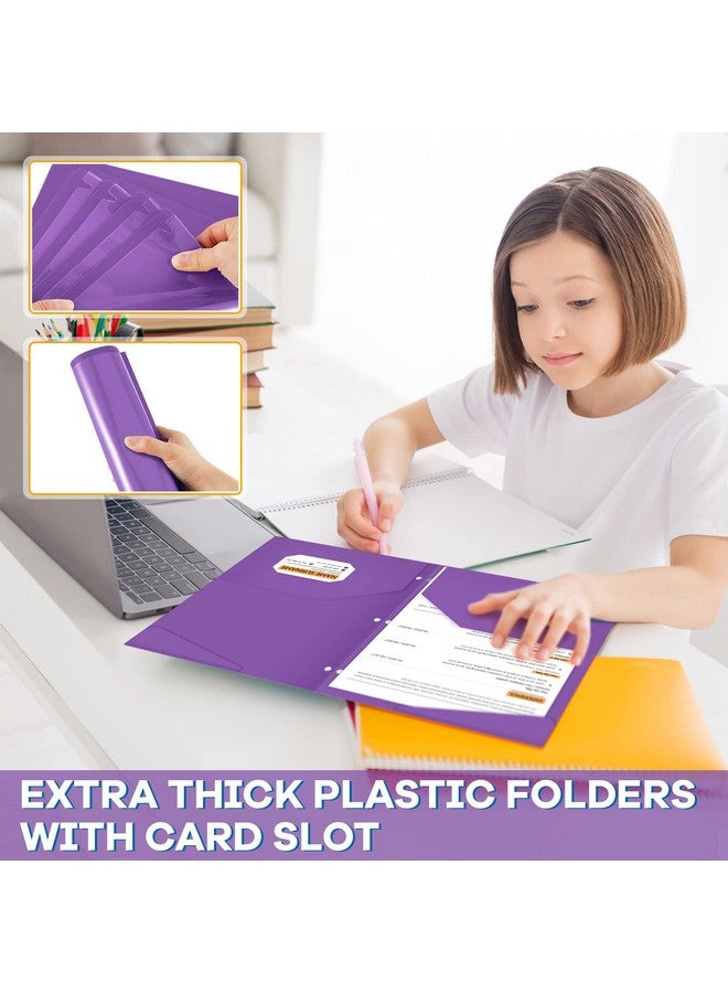 Henoyso 60 Pack 2 Pocket Folders With Clear Front Pocket 3 Hole Punched Plastic Heavy Duty Folders With Pockets For 3 Ring Binder Folders For 11 X 9 Inch Paper Holder Office Classroom(Purple)  - Image 4