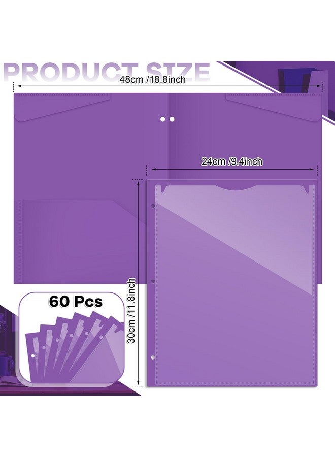 Henoyso 60 Pack 2 Pocket Folders With Clear Front Pocket 3 Hole Punched Plastic Heavy Duty Folders With Pockets For 3 Ring Binder Folders For 11 X 9 Inch Paper Holder Office Classroom(Purple)  - Image 2