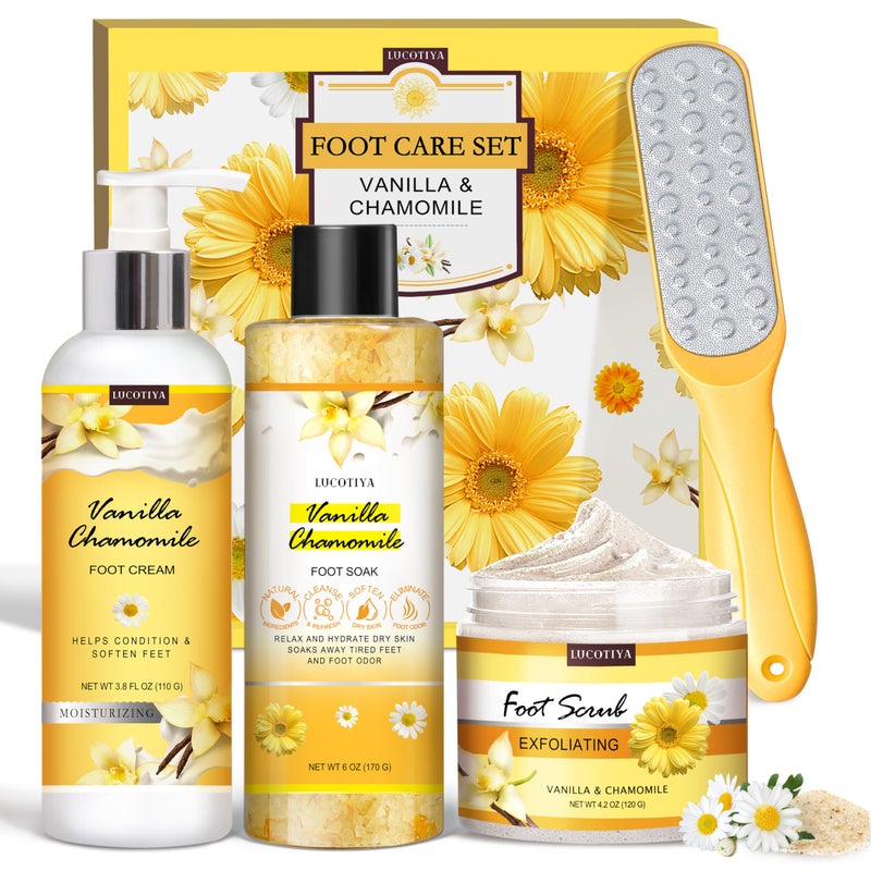 LUCOTIYA Foot Soak Set Pedicure Kit, Vanilla chamomile Foot Soak Salts, File, Scrub & Urea Cream,Pedicure Supplies for Dry Cracked Feet for Women - Image 1