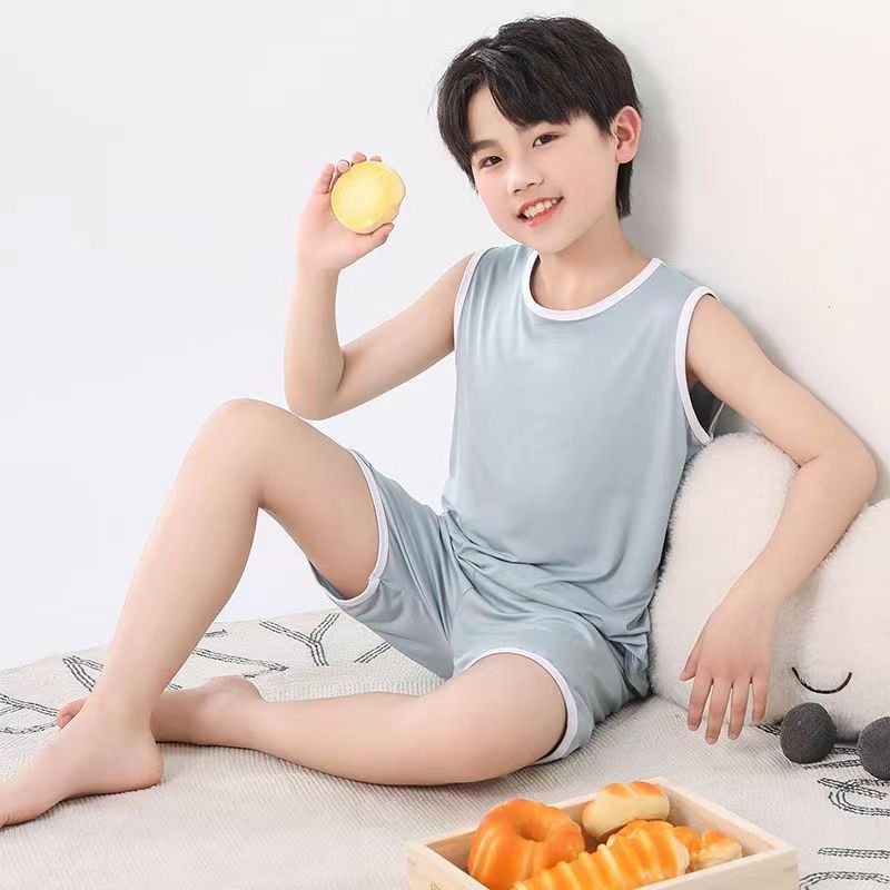 Children'S Modal Vest Suit Big Children'S Home Clothes Pajamas Boys Thin Ice Silk Summer Parent-Child Sleeveless Boys - Image 1