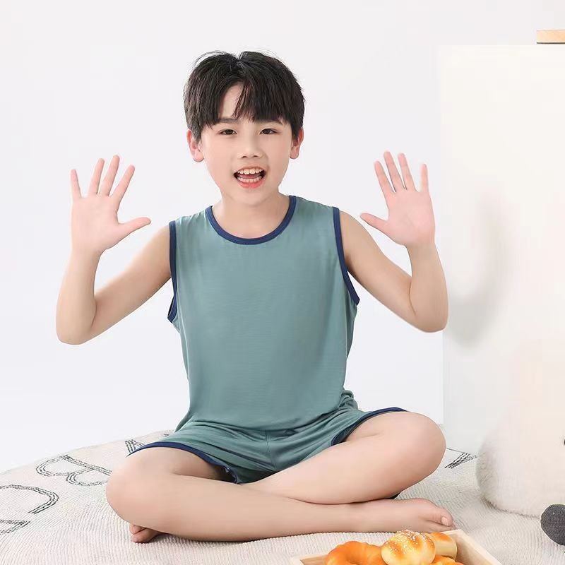 Children'S Modal Vest Suit Big Children'S Home Clothes Pajamas Boys Thin Ice Silk Summer Parent-Child Sleeveless Boys - Image 4