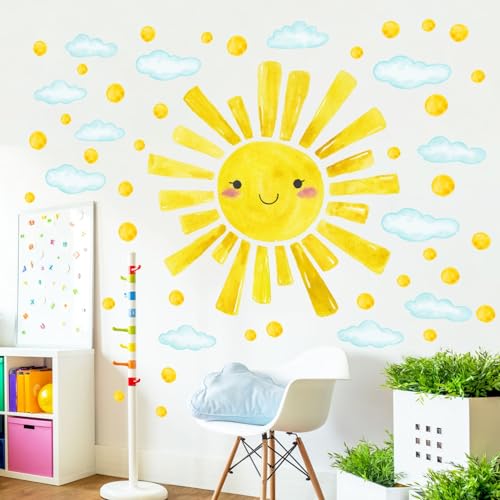 Eutecado Watercolor Large Sun Wall Decals Cloud Polka Dots Wall Stickers for Kids Room, 12 Sheets Lovely Smile Sun Wall Decor Stickers Peel and Stick Wall Decorations Stickers for Bedroom Nursery - Image 1