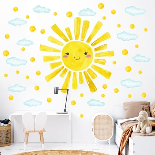 Eutecado Watercolor Large Sun Wall Decals Cloud Polka Dots Wall Stickers for Kids Room, 12 Sheets Lovely Smile Sun Wall Decor Stickers Peel and Stick Wall Decorations Stickers for Bedroom Nursery - Image 3