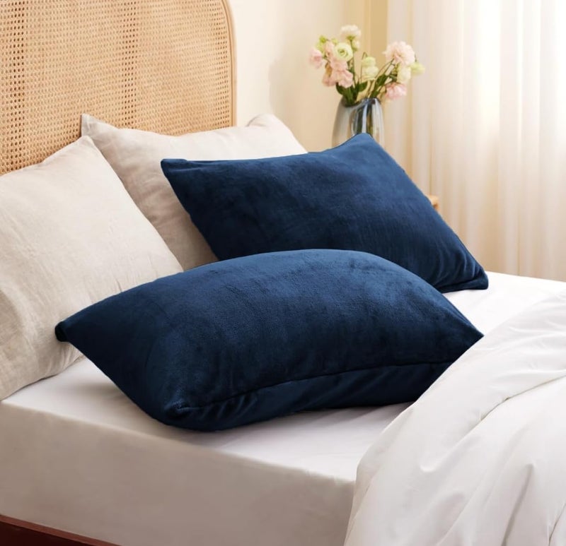 S&S Sands® Premium Ultra Soft Woollen Pillow Cover Set of 2 for Winter with Zipper Closure, Cozy Pillow Case Perfect for Warmth, Flannel Warm Pillowcases, King size-18X28 Inches (Navy Blue) - Image 1