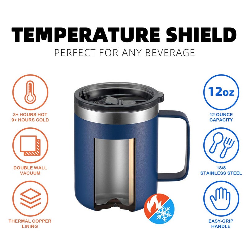 ALOUFEA 12oz Stainless Steel Insulated Coffee Mug with Handle, Double Wall Vacuum Travel Mug, Tumbler Cup with Sliding Lid, Navy - Image 3
