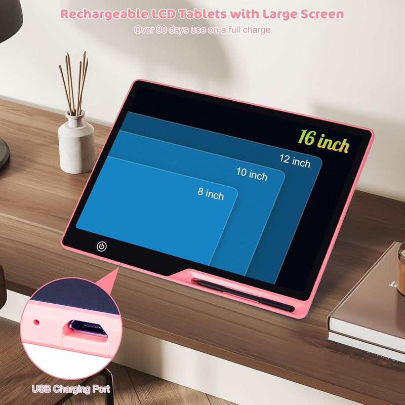لوحة كتابة LCD، شاشة ملونة بحجم 16 بوصة، لوحة رسم قابلة لإعادة الشحن، ألعاب تعليمية للأطفال من سن 3 إلى 6 سنوات (أولاد وبنات)، لوحة رسم محمولة قابلة لإعادة الاستخدام، هدايا عيد الميلاد للأطفال (وردي) - Image 2