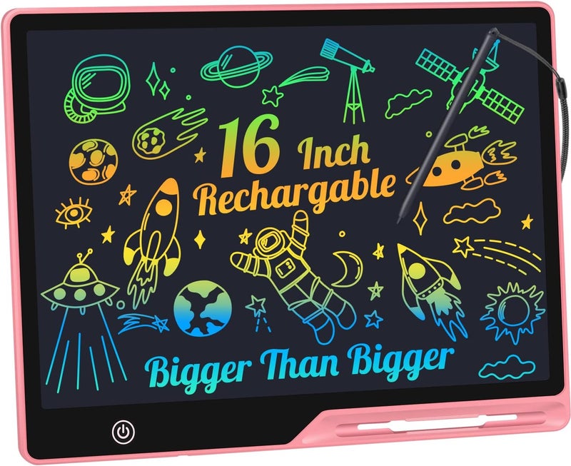 لوحة كتابة LCD، شاشة ملونة بحجم 16 بوصة، لوحة رسم قابلة لإعادة الشحن، ألعاب تعليمية للأطفال من سن 3 إلى 6 سنوات (أولاد وبنات)، لوحة رسم محمولة قابلة لإعادة الاستخدام، هدايا عيد الميلاد للأطفال (وردي) - Image 1
