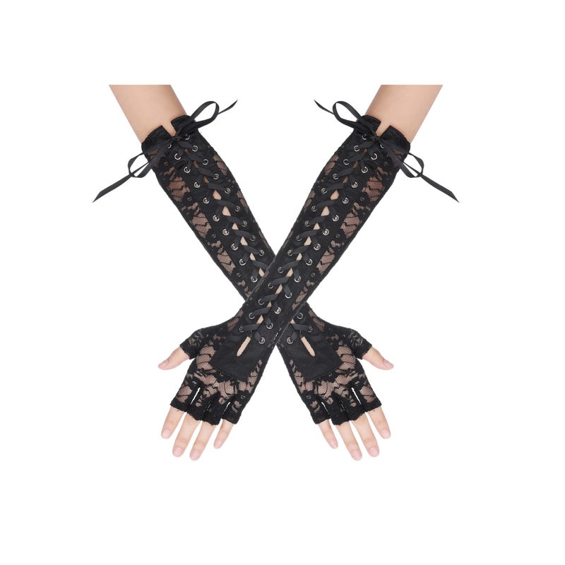 SOLARAE Women Lace Up Fingerless Gloves, Women's Long Satin Finger Gloves, Long Elbow Lace Up Steampunk Gloves, Costume Satin Arm Warmer, for Women and Girls for Dress Up Party - Image 1