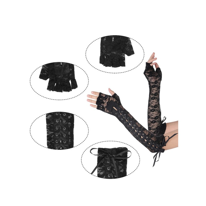 SOLARAE Women Lace Up Fingerless Gloves, Women's Long Satin Finger Gloves, Long Elbow Lace Up Steampunk Gloves, Costume Satin Arm Warmer, for Women and Girls for Dress Up Party - Image 5