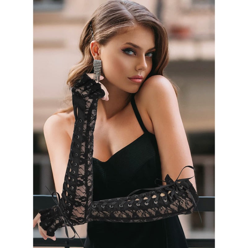 SOLARAE Women Lace Up Fingerless Gloves, Women's Long Satin Finger Gloves, Long Elbow Lace Up Steampunk Gloves, Costume Satin Arm Warmer, for Women and Girls for Dress Up Party - Image 4