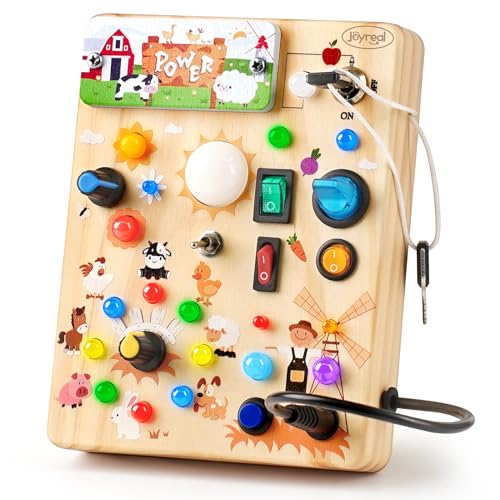 Joyreal Wooden Busy Board with LED Light Montessori Toddler Toys Wooden Sensory Board Toddlers Activity Travel Toys for Boy Girl Birthday Gift Farm Theme - Image 1