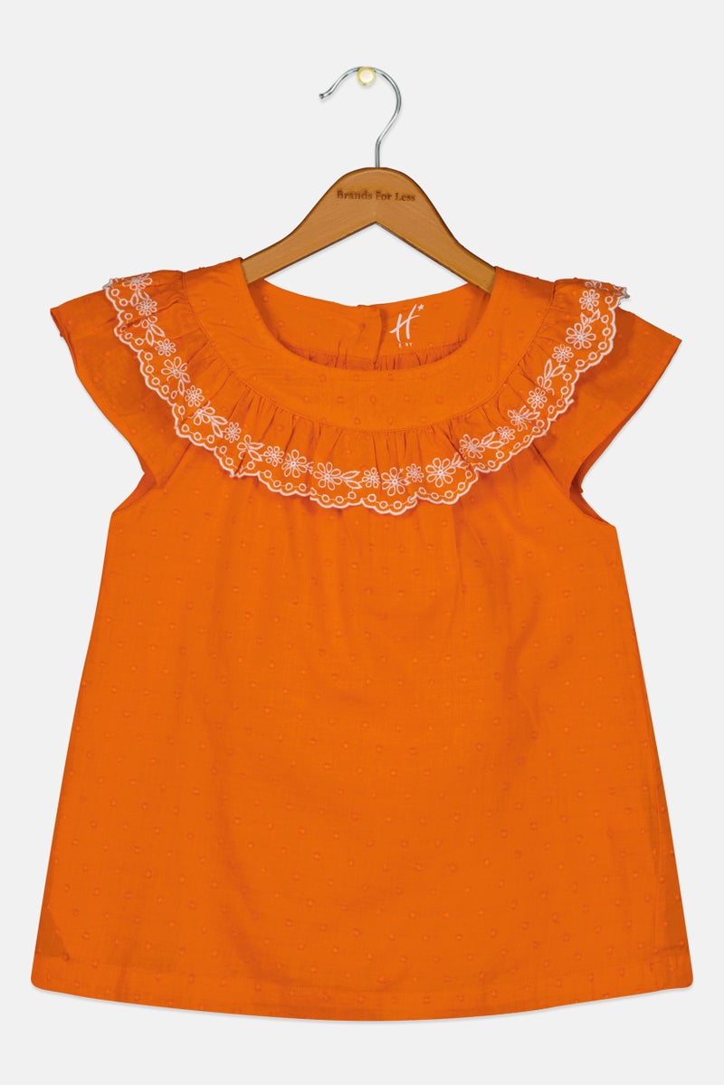 Hamleys Kids Girl Embroidered Short Sleeve Top, Orange - Image 3
